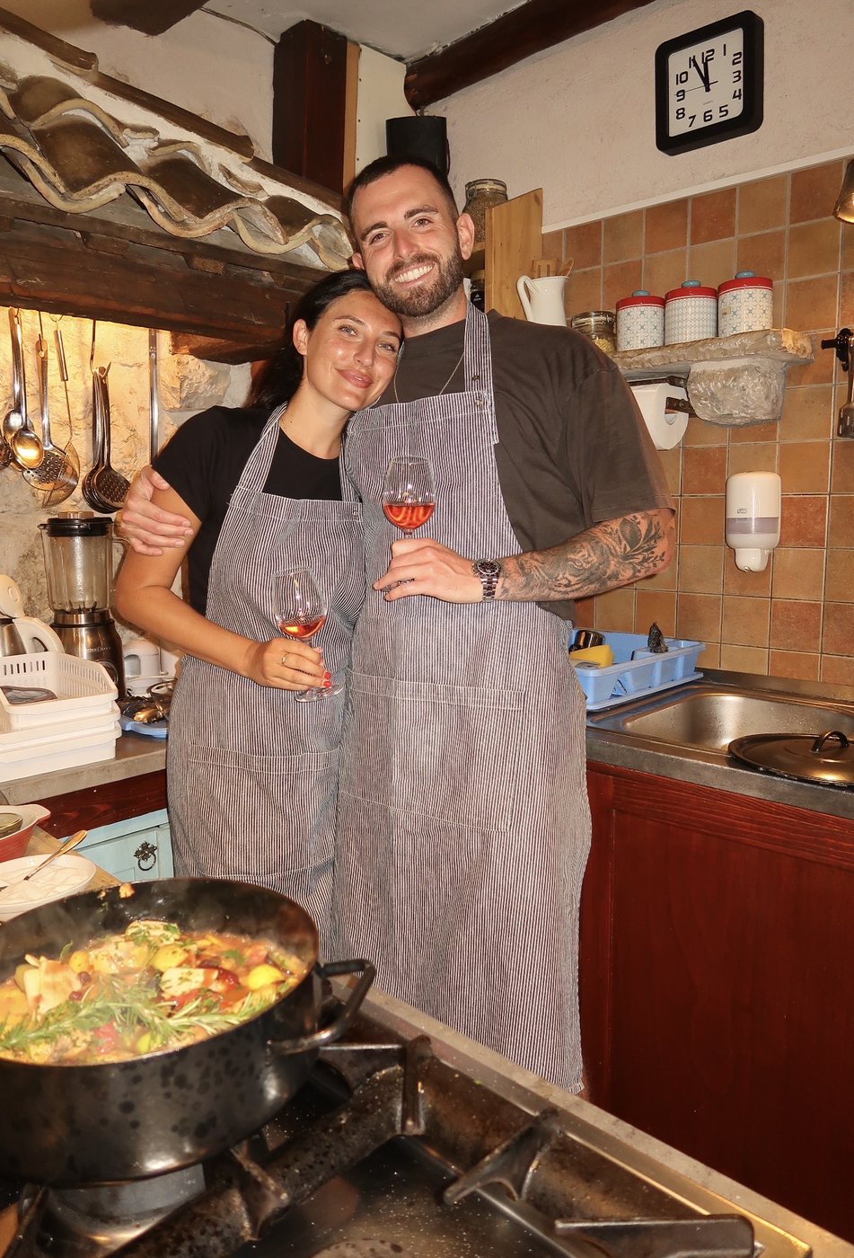 Cooking class, aprons and wine